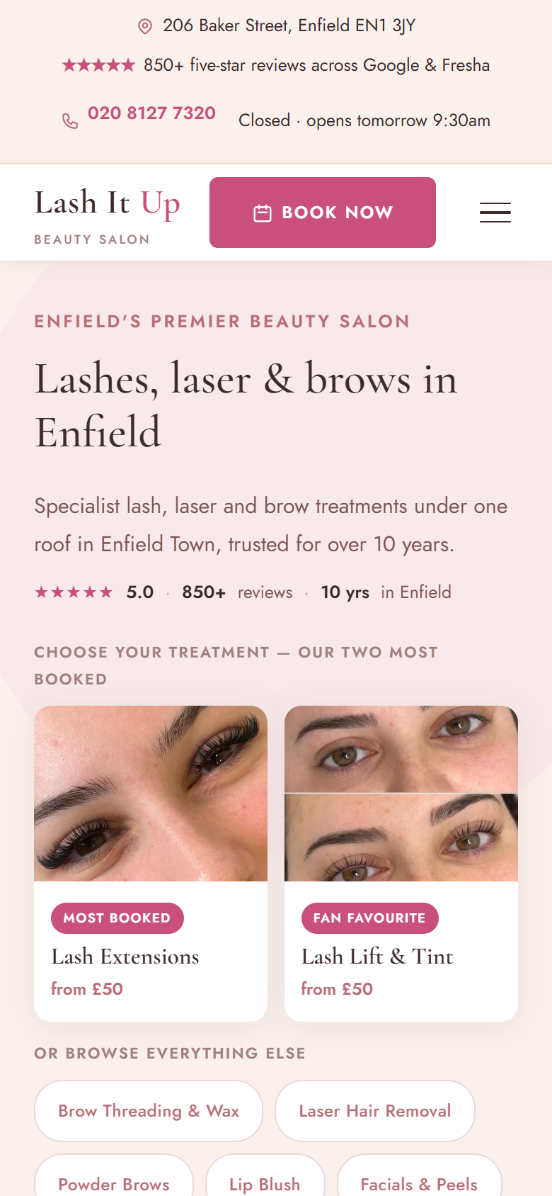 Lash It Up Beauty Salon website on mobile
