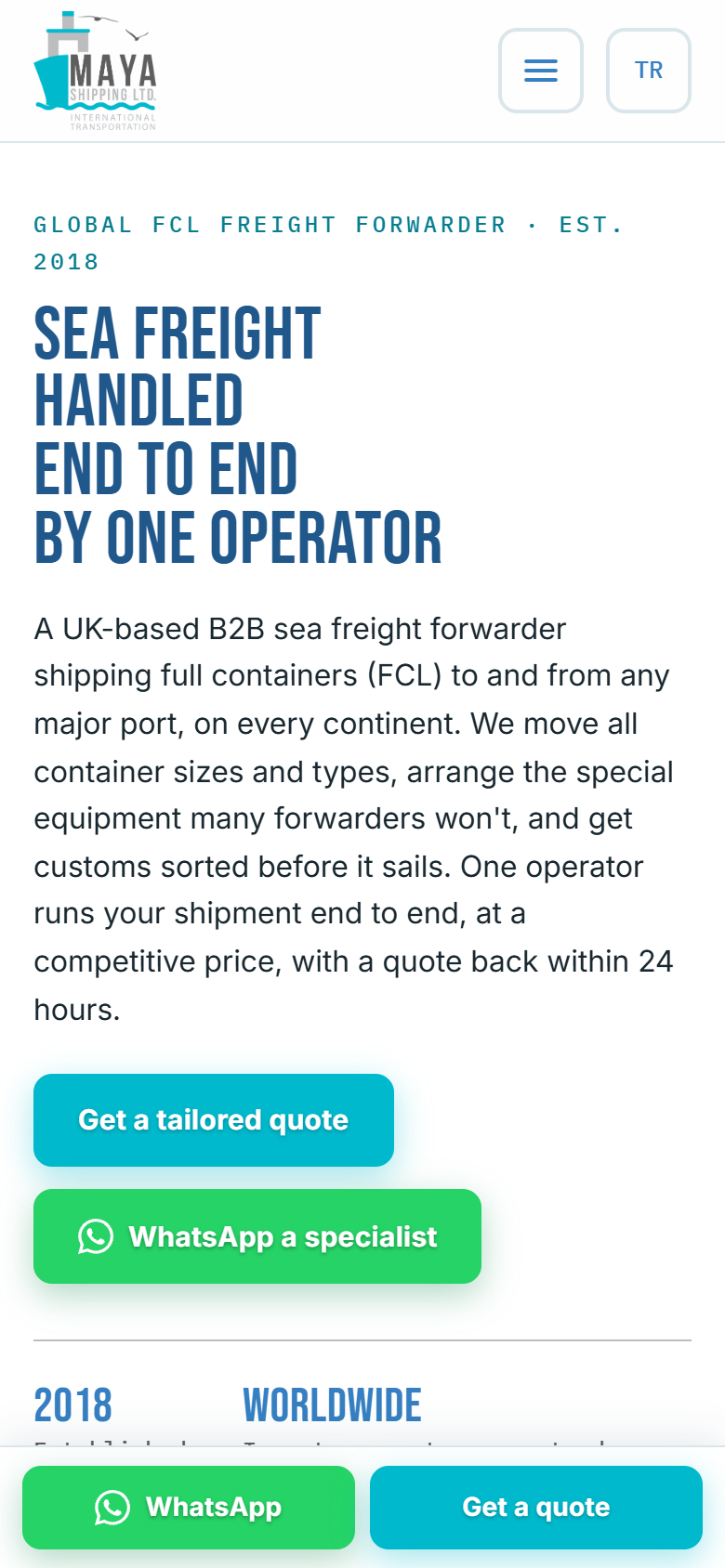 Maya Shipping website on mobile